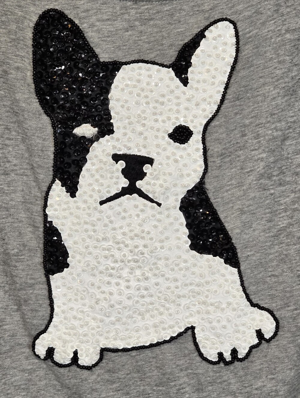 French Connection Sequin Beaded French Bulldog Graphic Cap Sleeve Tee Grey XS - Picture 3 of 8